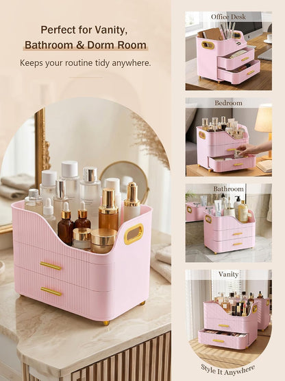 Large Makeup Organizer for Vanity, Bathroom Countertop, Pink