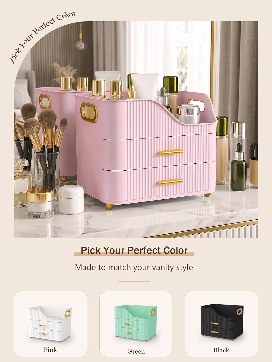 Large Makeup Organizer for Vanity, Bathroom Countertop, Pink