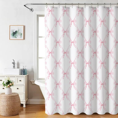 Pink Bow Shower Curtain Bow Aesthetic Watercolor Shower Curtain Sets, Bath Curtain Polyester Fabric Waterproof Bathroom Accessory Set with 12 Hooks 72x72 inch