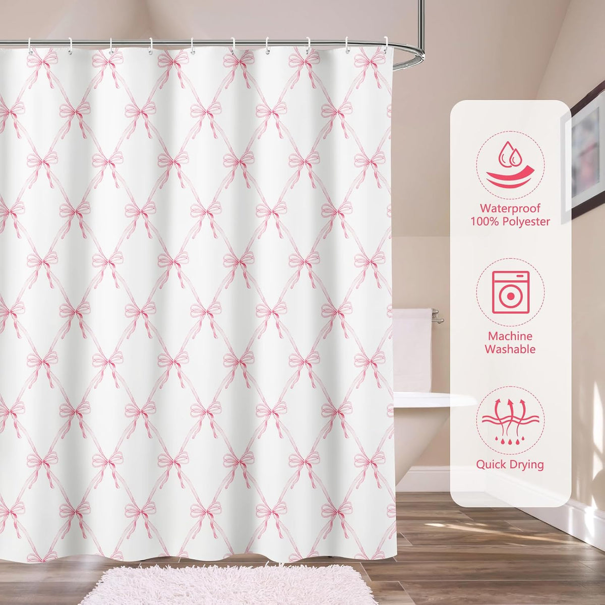 Pink Bow Shower Curtain Bow Aesthetic Watercolor Shower Curtain Sets, Bath Curtain Polyester Fabric Waterproof Bathroom Accessory Set with 12 Hooks 72x72 inch