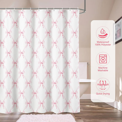 Pink Bow Shower Curtain Bow Aesthetic Watercolor Shower Curtain Sets, Bath Curtain Polyester Fabric Waterproof Bathroom Accessory Set with 12 Hooks 72x72 inch