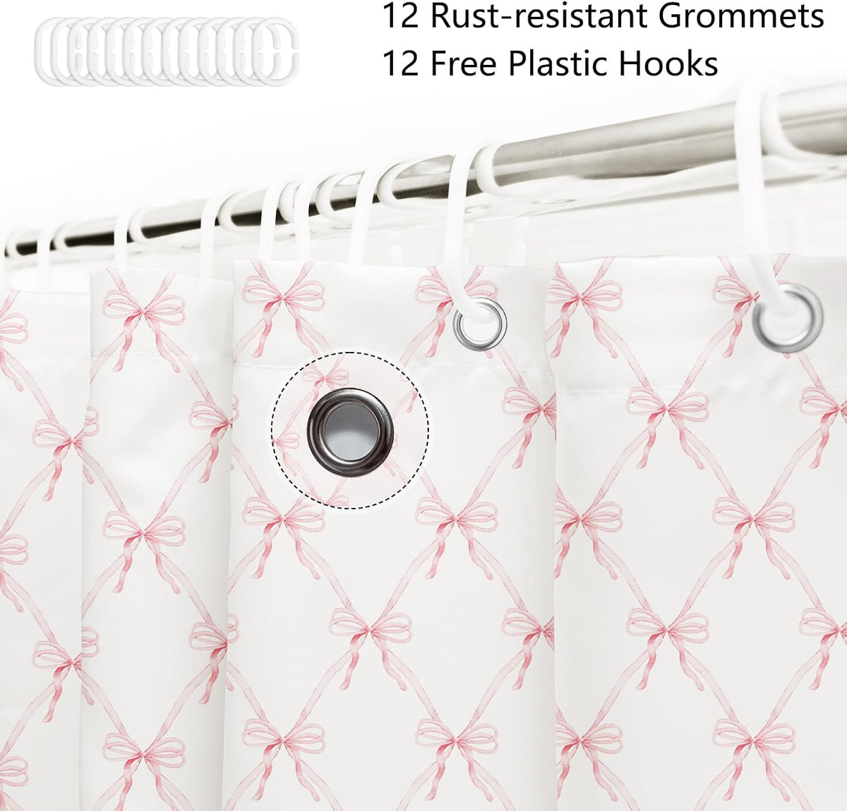 Pink Bow Shower Curtain Bow Aesthetic Watercolor Shower Curtain Sets, Bath Curtain Polyester Fabric Waterproof Bathroom Accessory Set with 12 Hooks 72x72 inch
