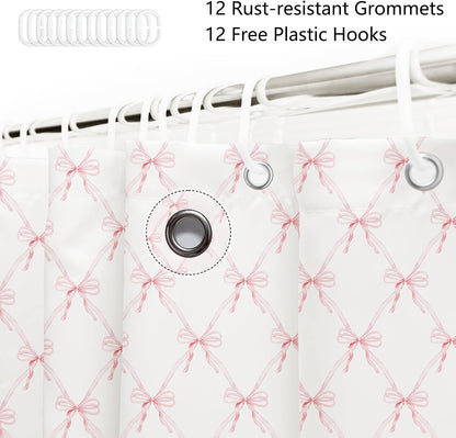 Pink Bow Shower Curtain Bow Aesthetic Watercolor Shower Curtain Sets, Bath Curtain Polyester Fabric Waterproof Bathroom Accessory Set with 12 Hooks 72x72 inch