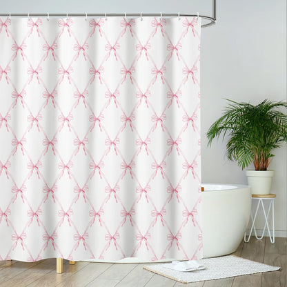 Pink Bow Shower Curtain Bow Aesthetic Watercolor Shower Curtain Sets, Bath Curtain Polyester Fabric Waterproof Bathroom Accessory Set with 12 Hooks 72x72 inch