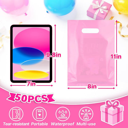 50PCS Pink Party Favor Gift Bags 8"x11", Plastic Goodie Bag Bulk