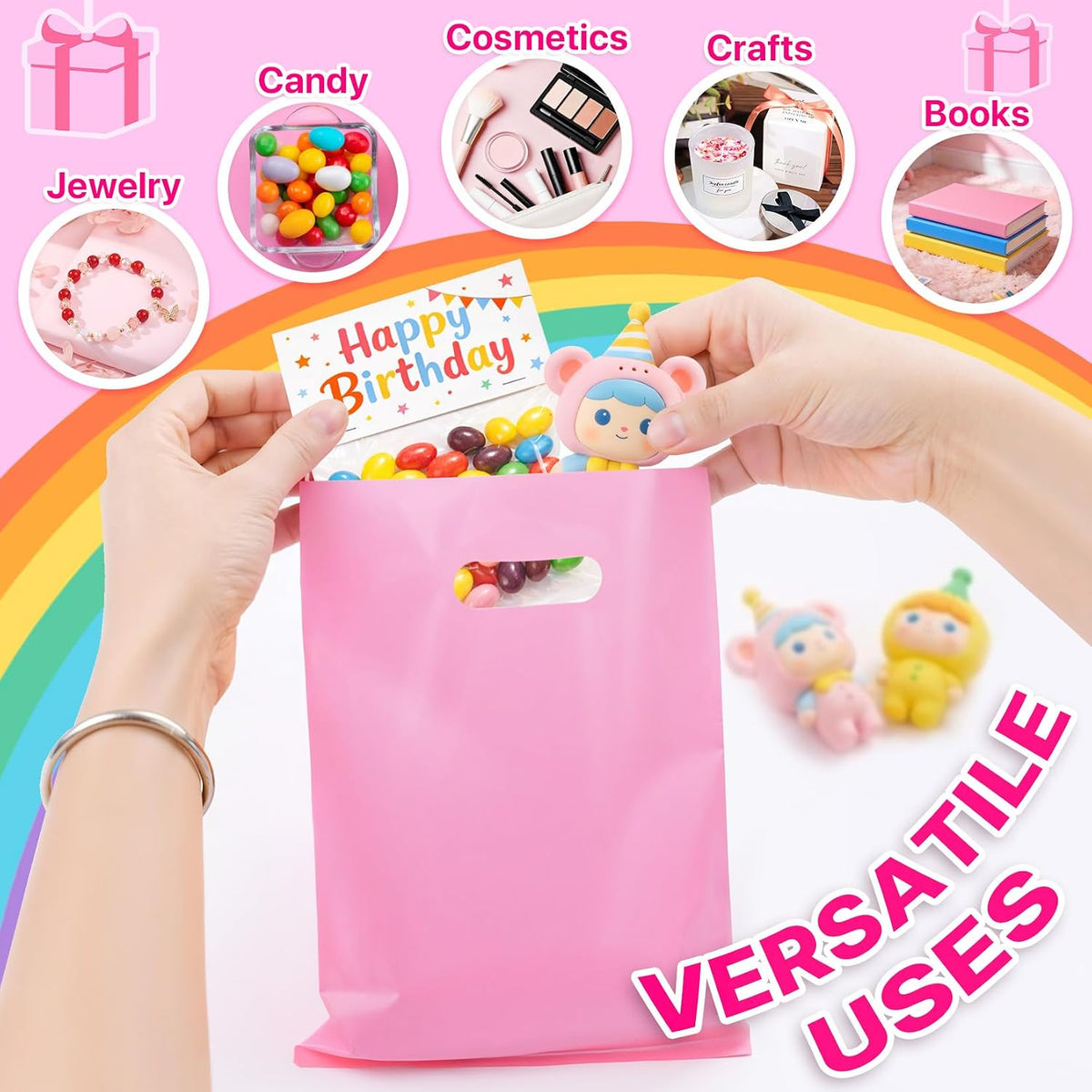 50PCS Pink Party Favor Gift Bags 8"x11", Plastic Goodie Bag Bulk