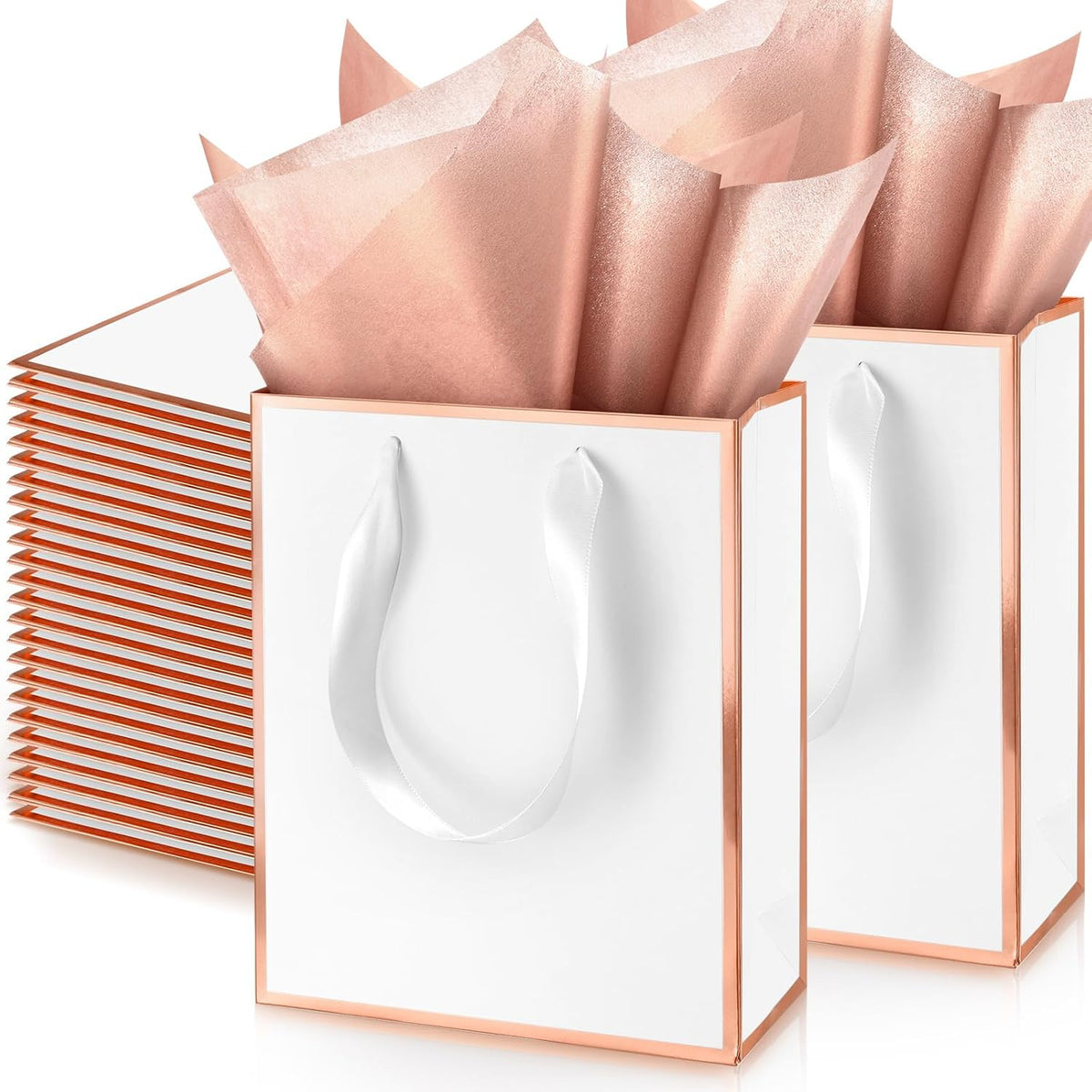 50 Pcs Metallic Paepr Gift Bags Bulk with Handles,White, Rose Gold
