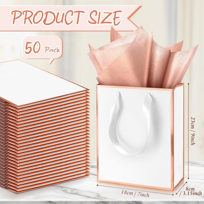 50 Pcs Metallic Paepr Gift Bags Bulk with Handles,White, Rose Gold