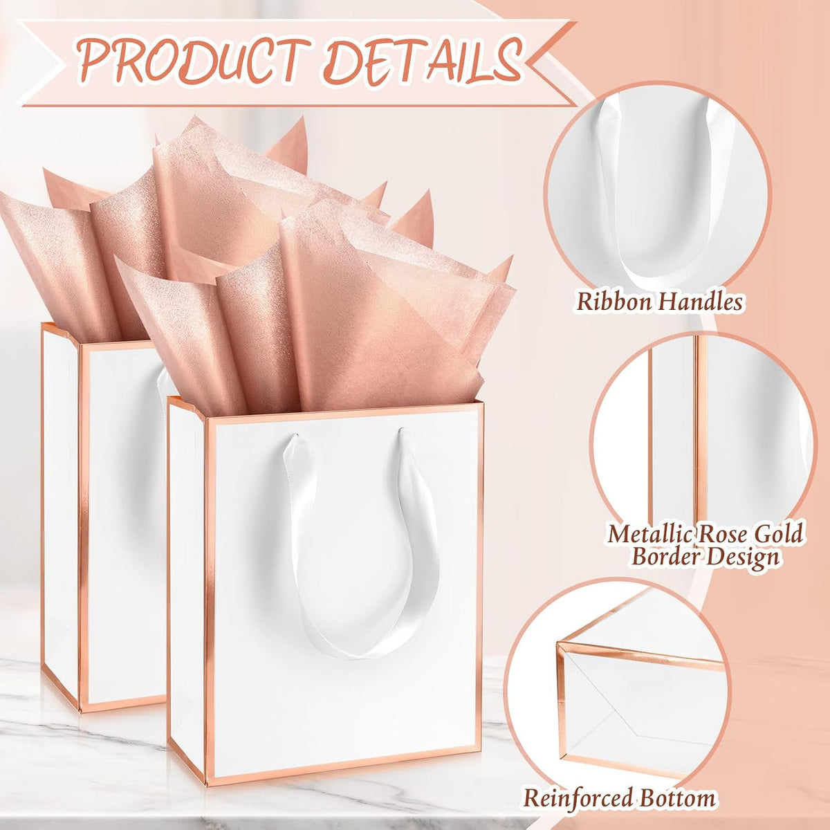 50 Pcs Metallic Paepr Gift Bags Bulk with Handles,White, Rose Gold