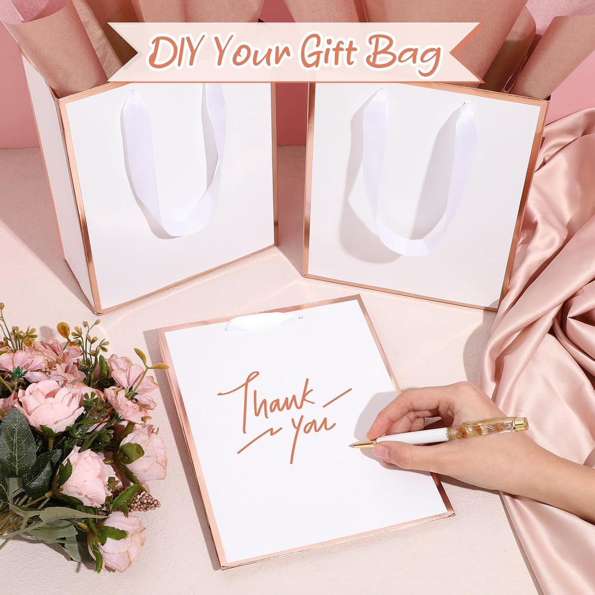 50 Pcs Metallic Paepr Gift Bags Bulk with Handles,White, Rose Gold