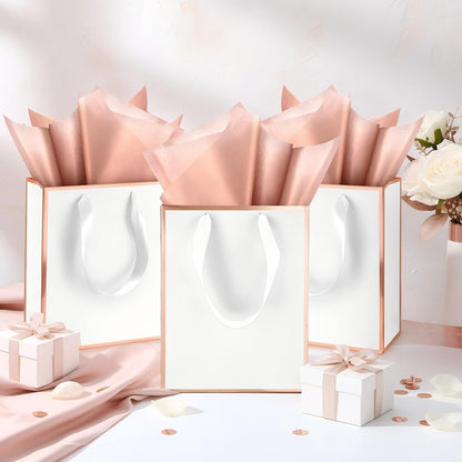50 Pcs Metallic Paepr Gift Bags Bulk with Handles,White, Rose Gold