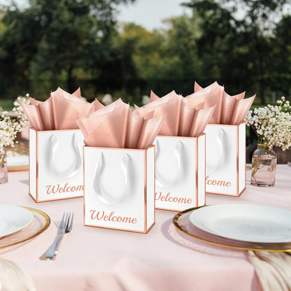 50 Pcs Metallic Paepr Gift Bags Bulk with Handles,White, Rose Gold
