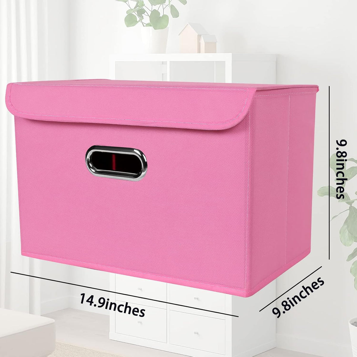 Fabric Storage Cube Bins Foldable Organizer Container Collapsible Basket with Lids and Metal Handles, for Home, Bedroom, Closet 3 Pcs (Pink)