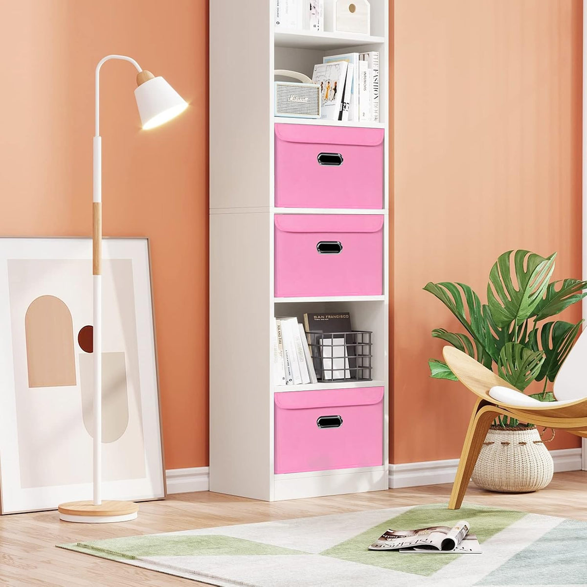 Fabric Storage Cube Bins Foldable Organizer Container Collapsible Basket with Lids and Metal Handles, for Home, Bedroom, Closet 3 Pcs (Pink)