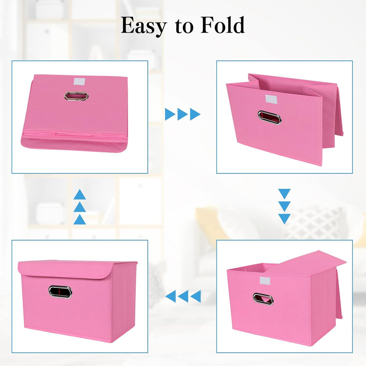 Fabric Storage Cube Bins Foldable Organizer Container Collapsible Basket with Lids and Metal Handles, for Home, Bedroom, Closet 3 Pcs (Pink)