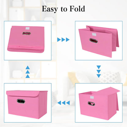 Fabric Storage Cube Bins Foldable Organizer Container Collapsible Basket with Lids and Metal Handles, for Home, Bedroom, Closet 3 Pcs (Pink)