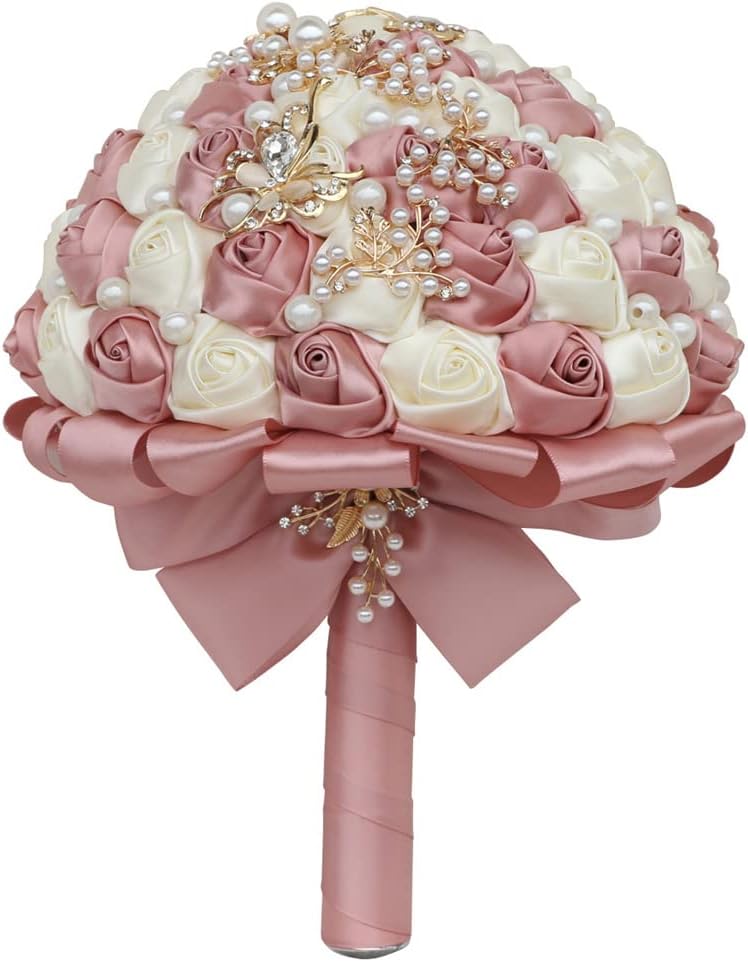 7.1 Inch Handmade Satin Rose Bridal Bouquet Toss Round Wedding Bouquet Throw Toss Artificial Flower Bunch Pastel Pink + Ivory