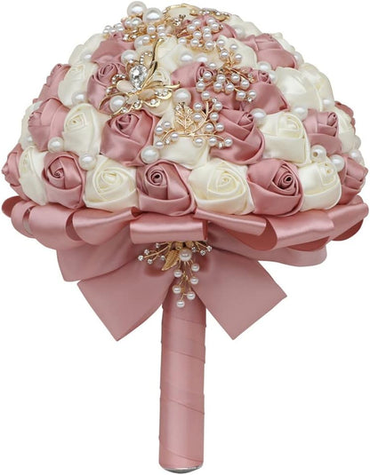 7.1 Inch Handmade Satin Rose Bridal Bouquet Toss Round Wedding Bouquet Throw Toss Artificial Flower Bunch Pastel Pink + Ivory