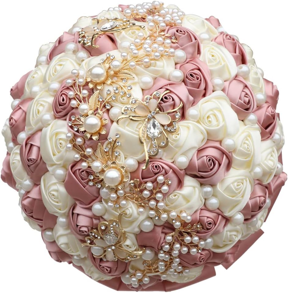 7.1 Inch Handmade Satin Rose Bridal Bouquet Toss Round Wedding Bouquet Throw Toss Artificial Flower Bunch Pastel Pink + Ivory