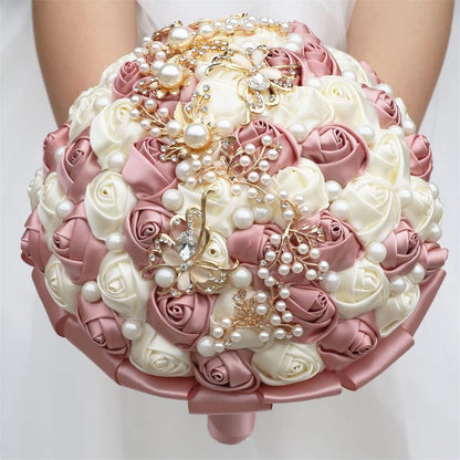 7.1 Inch Handmade Satin Rose Bridal Bouquet Toss Round Wedding Bouquet Throw Toss Artificial Flower Bunch Pastel Pink + Ivory
