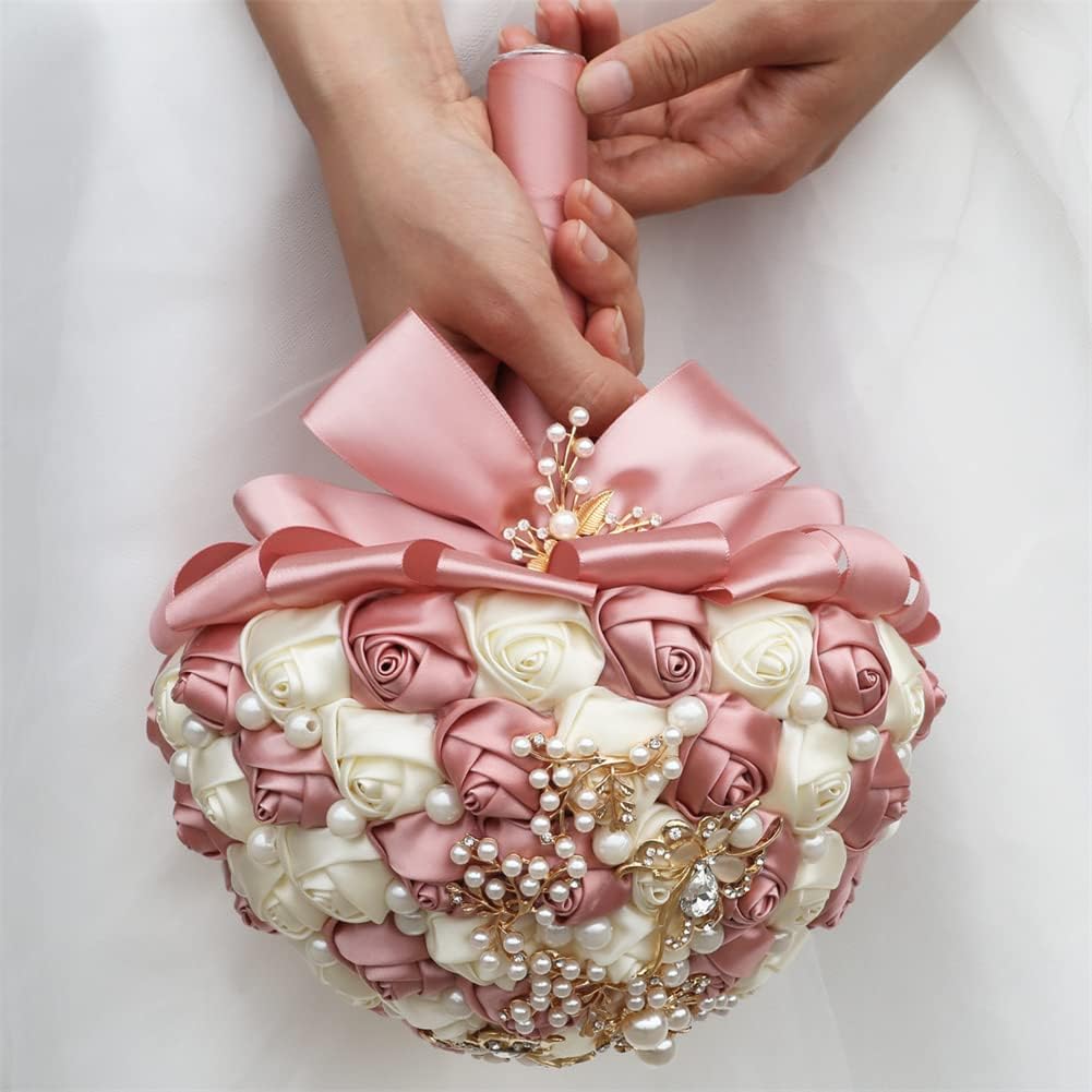 7.1 Inch Handmade Satin Rose Bridal Bouquet Toss Round Wedding Bouquet Throw Toss Artificial Flower Bunch Pastel Pink + Ivory