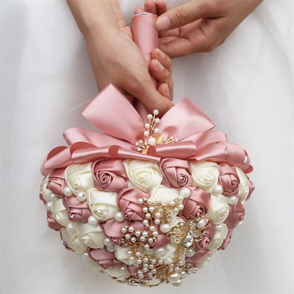 7.1 Inch Handmade Satin Rose Bridal Bouquet Toss Round Wedding Bouquet Throw Toss Artificial Flower Bunch Pastel Pink + Ivory
