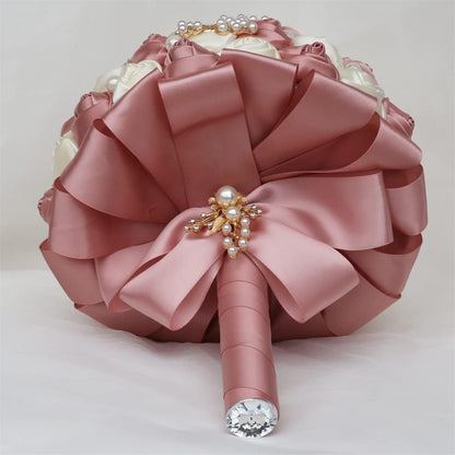 7.1 Inch Handmade Satin Rose Bridal Bouquet Toss Round Wedding Bouquet Throw Toss Artificial Flower Bunch Pastel Pink + Ivory
