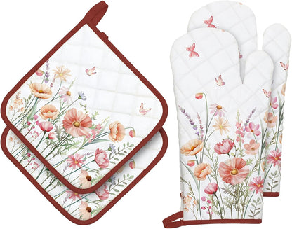 Pink Floral Oven Mitts and Pot Holders Sets 4Pcs, 100% Cotton Heat Resistant, Extra Long Oven Gloves Potholder for Kitchen Cooking Baking Decoration, Housewarming Gifts for Mom