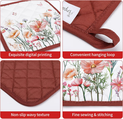 Pink Floral Oven Mitts and Pot Holders Sets 4Pcs, 100% Cotton Heat Resistant, Extra Long Oven Gloves Potholder for Kitchen Cooking Baking Decoration, Housewarming Gifts for Mom