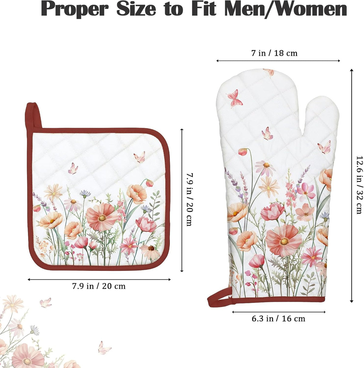 Pink Floral Oven Mitts and Pot Holders Sets 4Pcs, 100% Cotton Heat Resistant, Extra Long Oven Gloves Potholder for Kitchen Cooking Baking Decoration, Housewarming Gifts for Mom