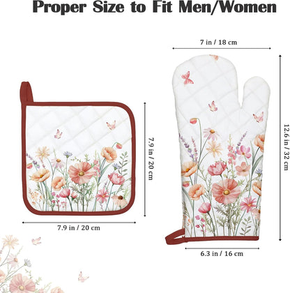 Pink Floral Oven Mitts and Pot Holders Sets 4Pcs, 100% Cotton Heat Resistant, Extra Long Oven Gloves Potholder for Kitchen Cooking Baking Decoration, Housewarming Gifts for Mom