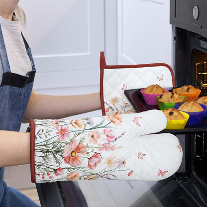 Pink Floral Oven Mitts and Pot Holders Sets 4Pcs, 100% Cotton Heat Resistant, Extra Long Oven Gloves Potholder for Kitchen Cooking Baking Decoration, Housewarming Gifts for Mom