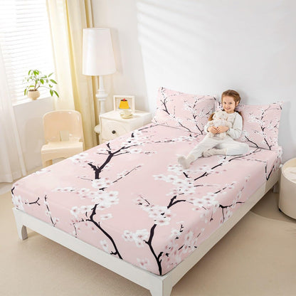 Peach Blossom Fitted Sheet Twin Size,Pink Flower Bedding Set 2Pcs for Kids Girls Boys Room Decor,Pink Floral Bed Sheets Botanical Theme Deep Pocket Sheet,1 Pillowcase