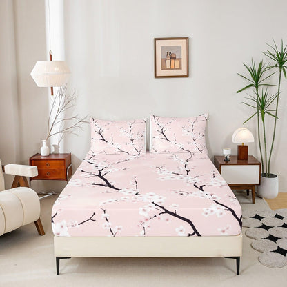 Peach Blossom Fitted Sheet Twin Size,Pink Flower Bedding Set 2Pcs for Kids Girls Boys Room Decor,Pink Floral Bed Sheets Botanical Theme Deep Pocket Sheet,1 Pillowcase