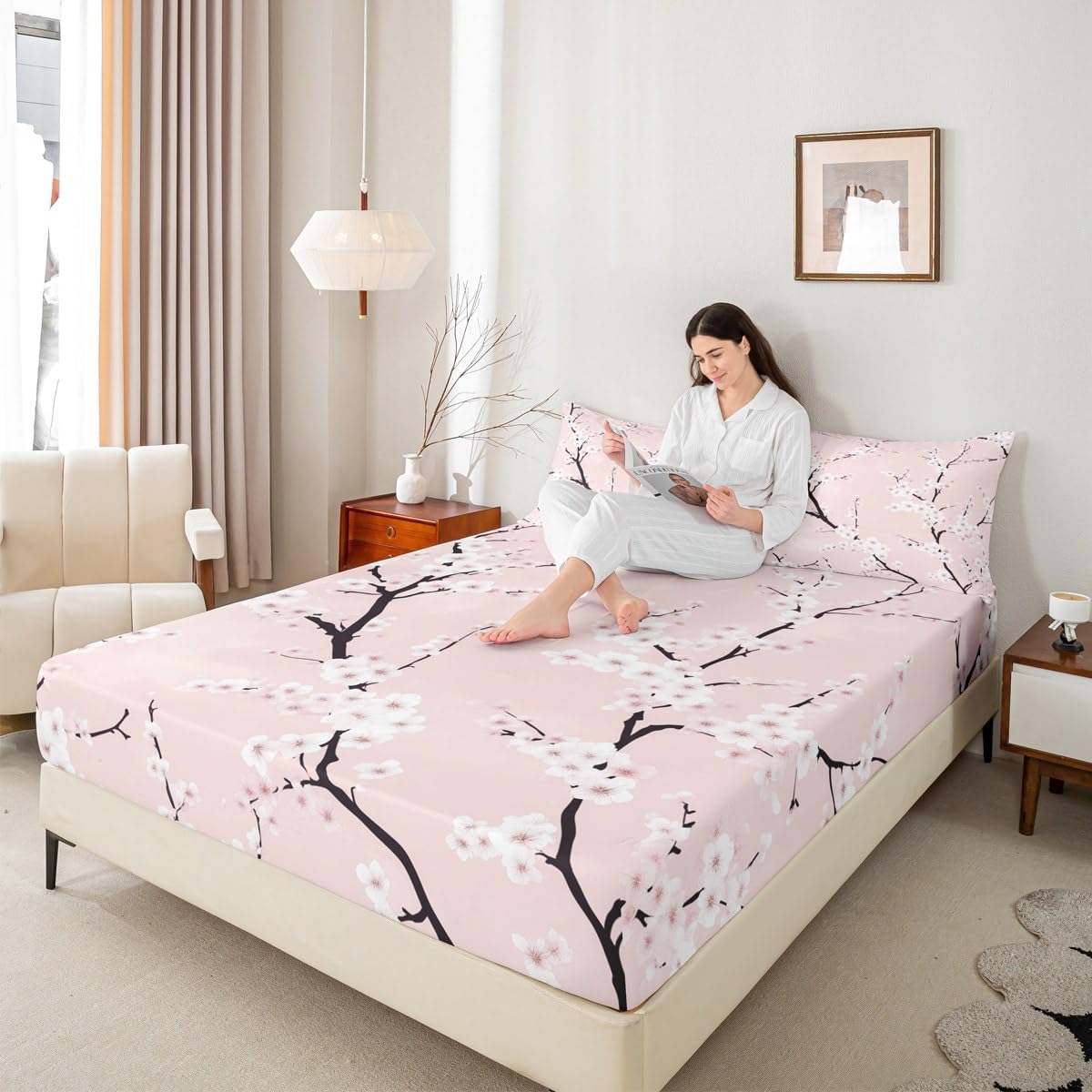 Peach Blossom Fitted Sheet Twin Size,Pink Flower Bedding Set 2Pcs for Kids Girls Boys Room Decor,Pink Floral Bed Sheets Botanical Theme Deep Pocket Sheet,1 Pillowcase
