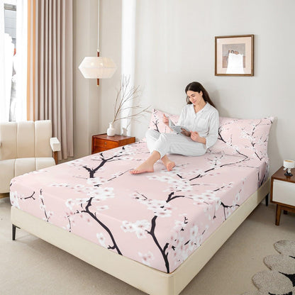 Peach Blossom Fitted Sheet Twin Size,Pink Flower Bedding Set 2Pcs for Kids Girls Boys Room Decor,Pink Floral Bed Sheets Botanical Theme Deep Pocket Sheet,1 Pillowcase