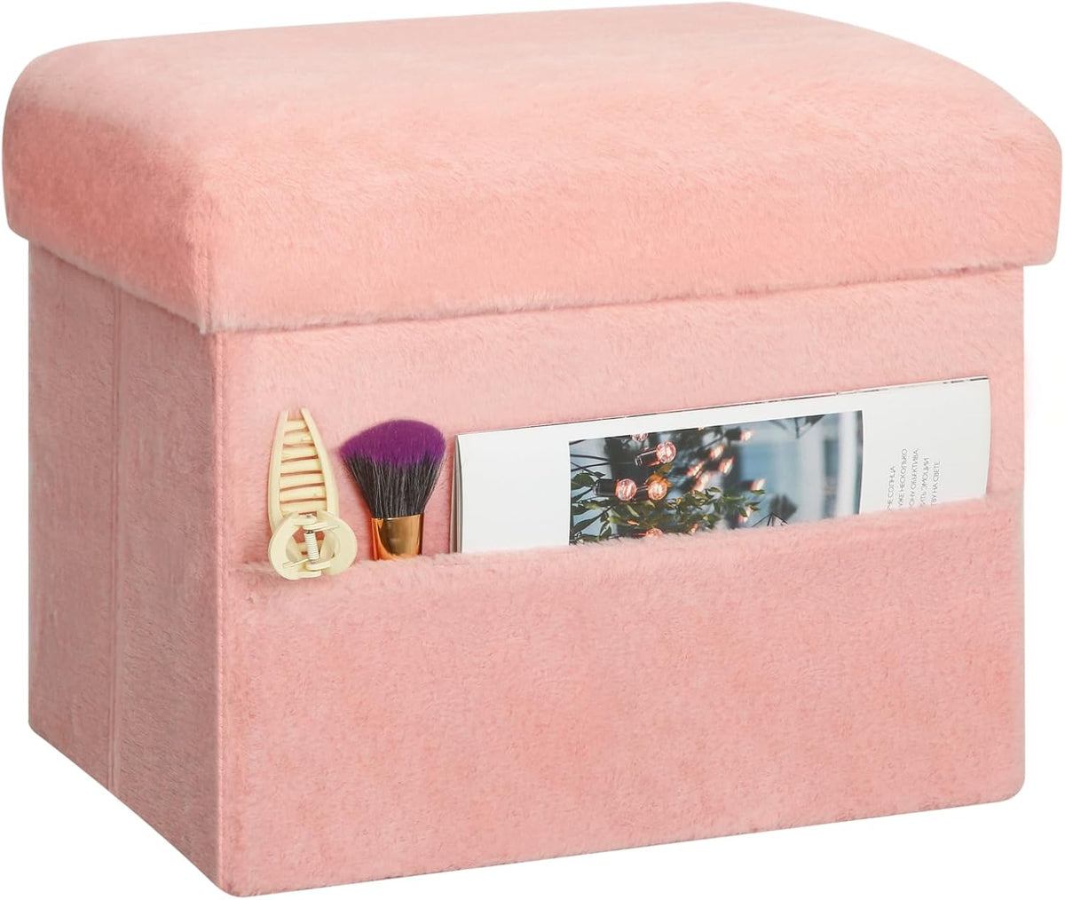 Storage Ottoman, Small Folding Soft Fur Foot Stools Ottoman for Dorm, Pink