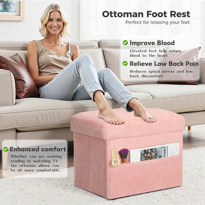 Storage Ottoman, Small Folding Soft Fur Foot Stools Ottoman for Dorm, Pink
