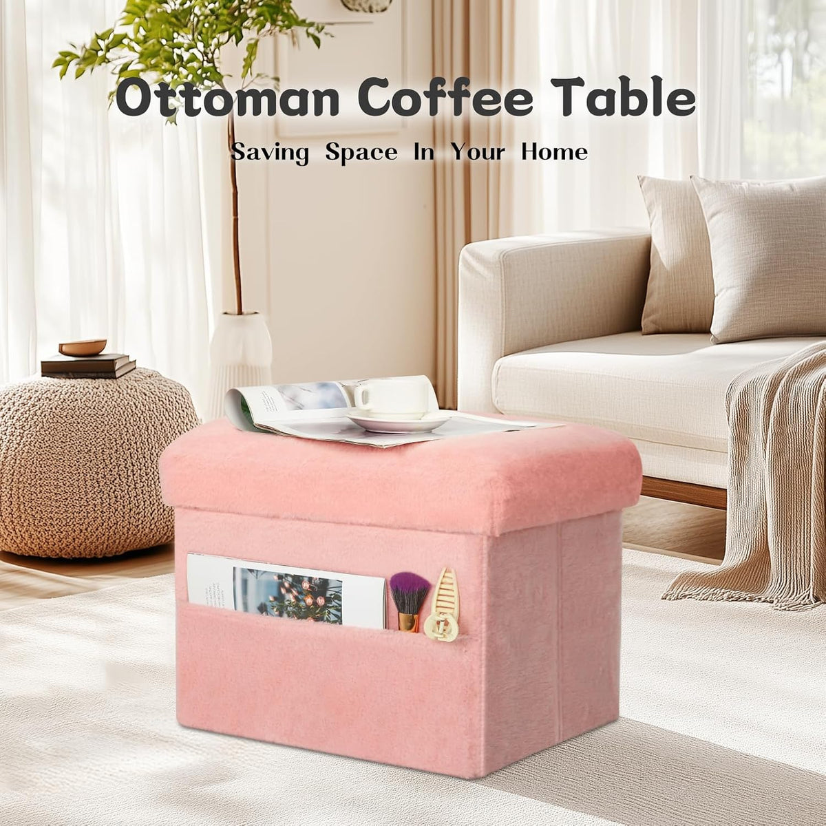Storage Ottoman, Small Folding Soft Fur Foot Stools Ottoman for Dorm, Pink