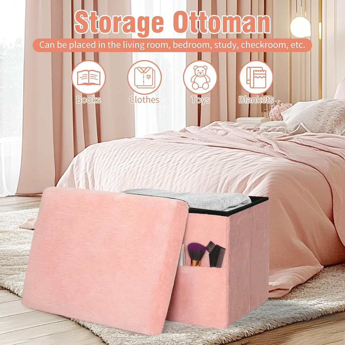 Storage Ottoman, Small Folding Soft Fur Foot Stools Ottoman for Dorm, Pink