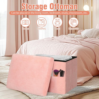Storage Ottoman, Small Folding Soft Fur Foot Stools Ottoman for Dorm, Pink