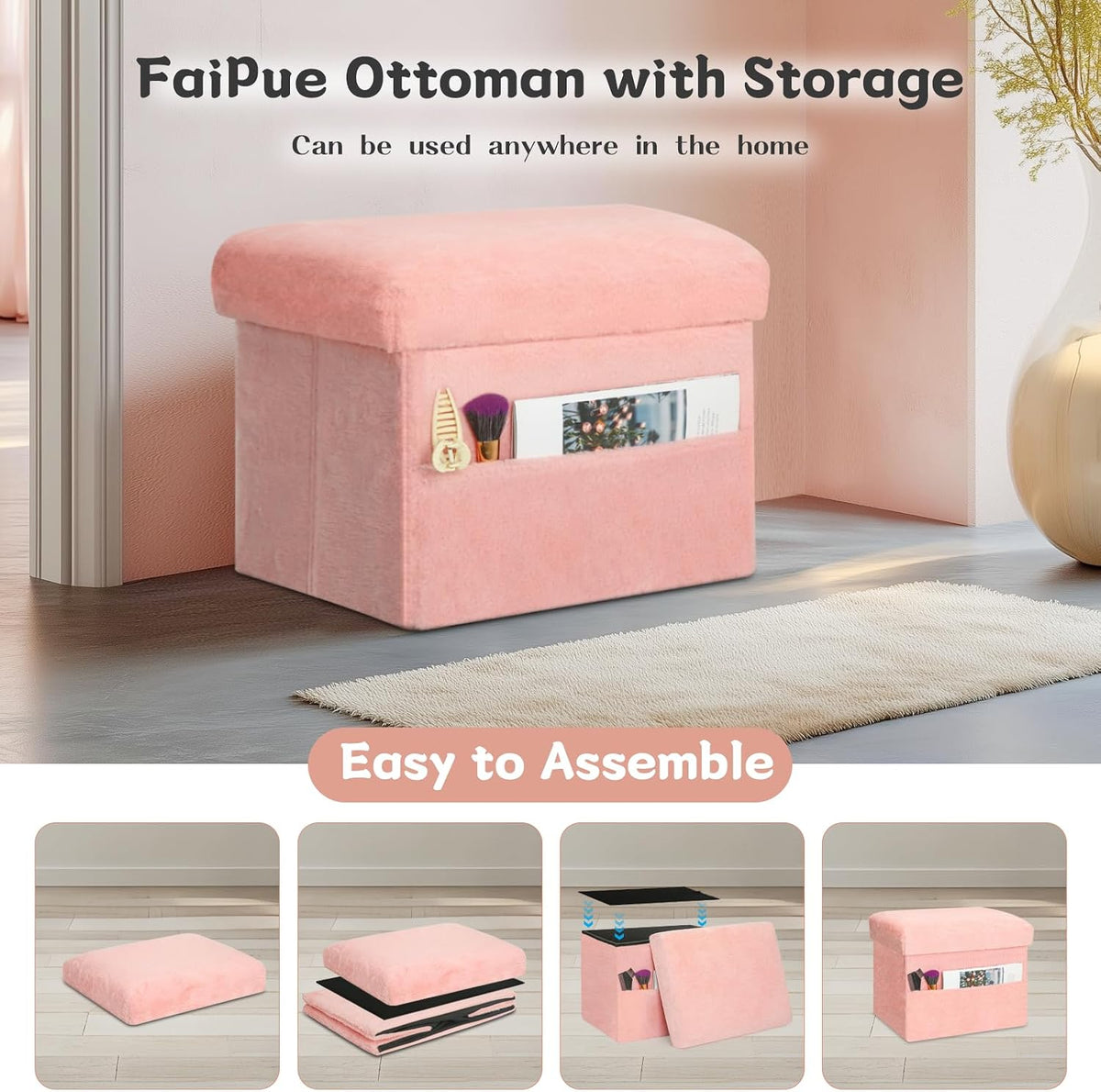 Storage Ottoman, Small Folding Soft Fur Foot Stools Ottoman for Dorm, Pink