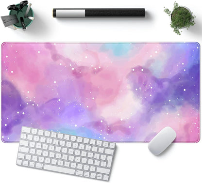 Desk Pad Purple Starry Sky Cute Gaming Mouse Pad Galaxy Gamer Girl Cute Pink Desk Decor Keyboard Desk Mat, Stitched Edges Desktop with Stitched Edges Non-Slip Large Computer Mat 31.5x15.7 in