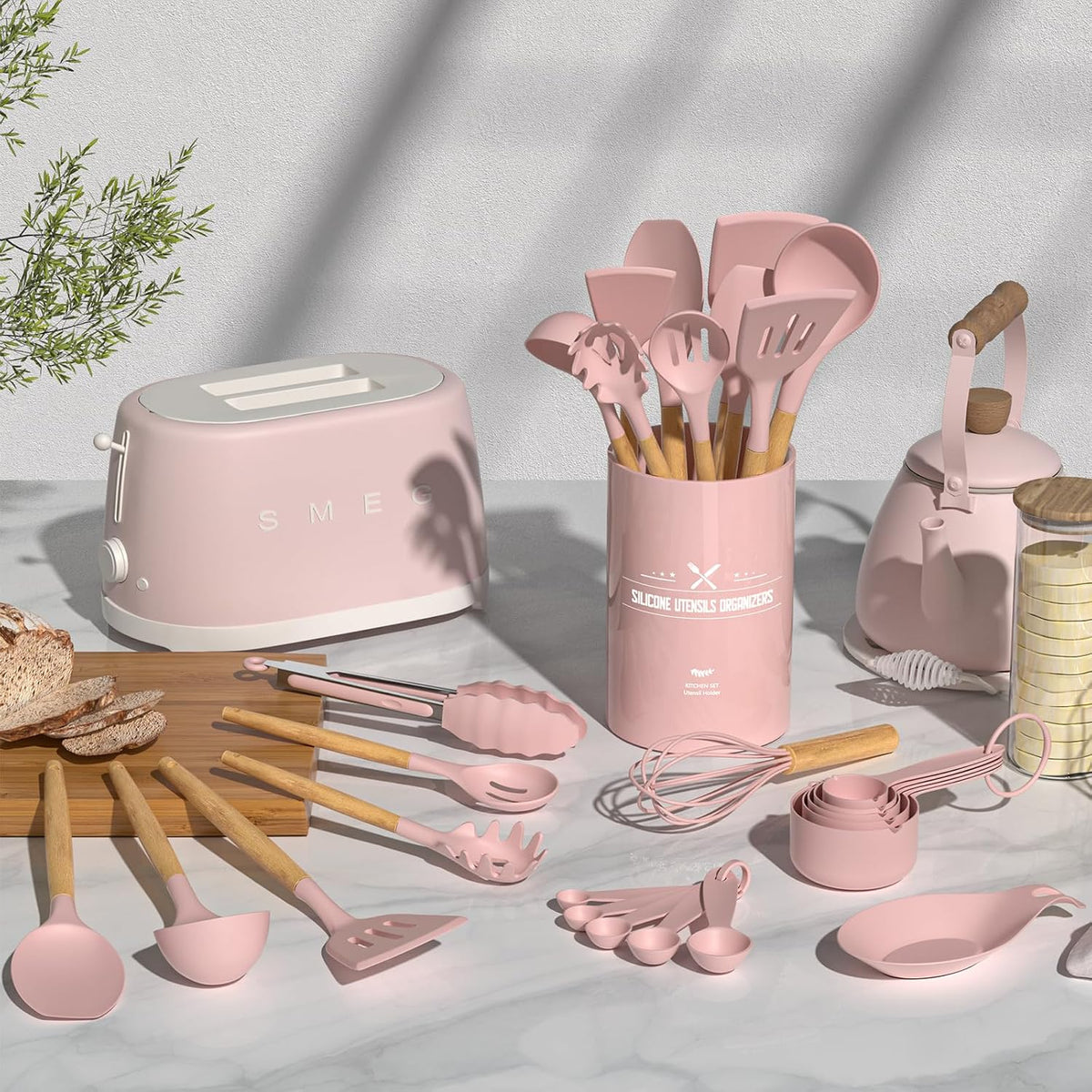Silicone Kitchen Utensils Set, 33 Piece Non-Stick Kitchen Utensils with Stand, Wooden Handle, Pink