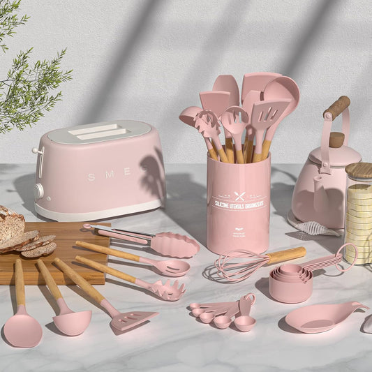 Silicone Kitchen Utensils Set, 33 Piece Non-Stick Kitchen Utensils with Stand, Wooden Handle, Pink
