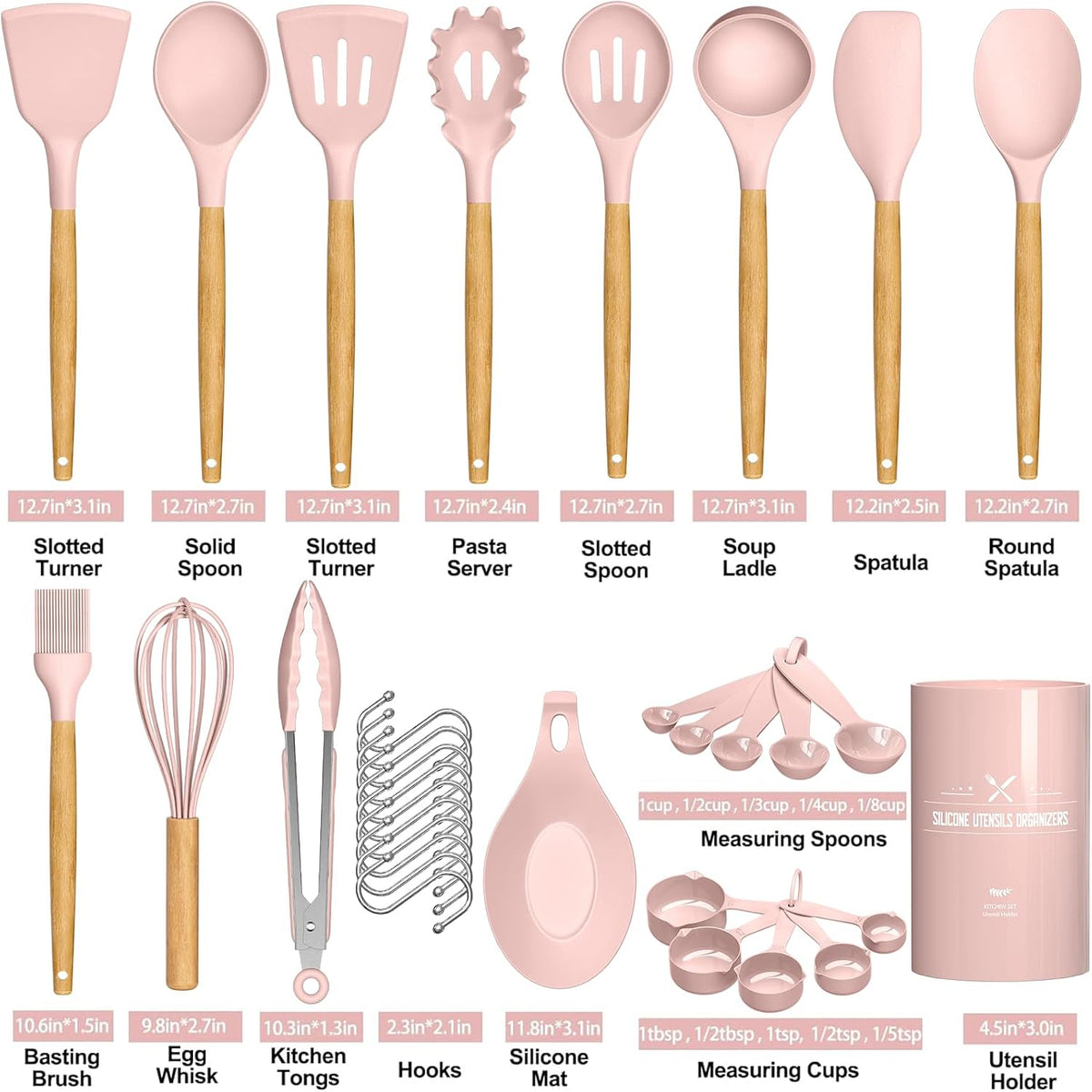 Silicone Kitchen Utensils Set, 33 Piece Non-Stick Kitchen Utensils with Stand, Wooden Handle, Pink