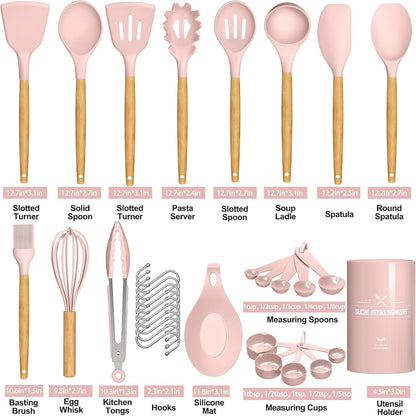 Silicone Kitchen Utensils Set, 33 Piece Non-Stick Kitchen Utensils with Stand, Wooden Handle, Pink