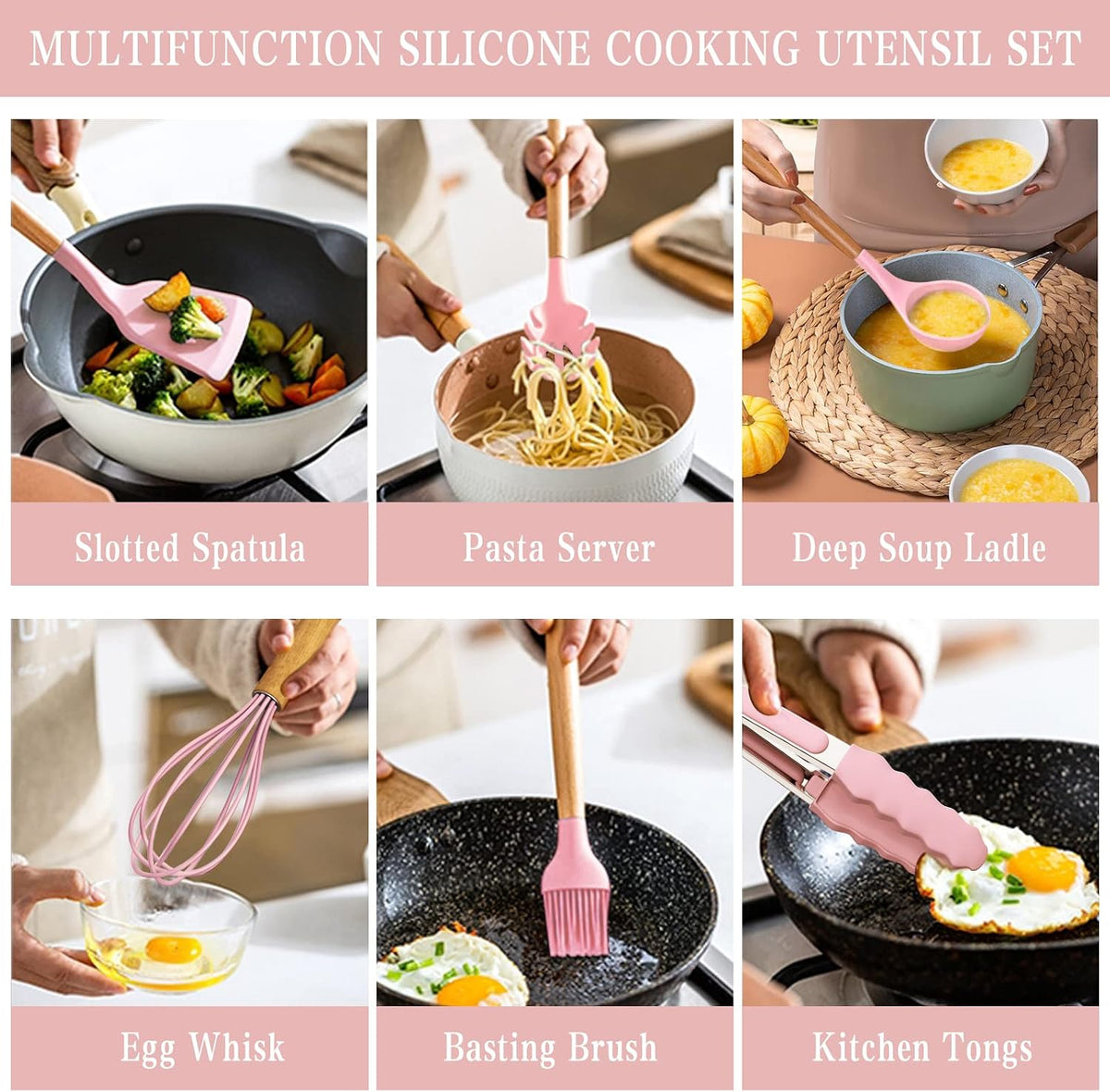 Silicone Kitchen Utensils Set, 33 Piece Non-Stick Kitchen Utensils with Stand, Wooden Handle, Pink