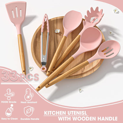 Silicone Kitchen Utensils Set, 33 Piece Non-Stick Kitchen Utensils with Stand, Wooden Handle, Pink