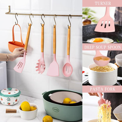 Silicone Kitchen Utensils Set, 33 Piece Non-Stick Kitchen Utensils with Stand, Wooden Handle, Pink